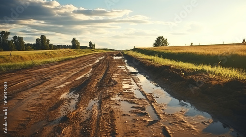Dirt road with mud and grass with sunset light