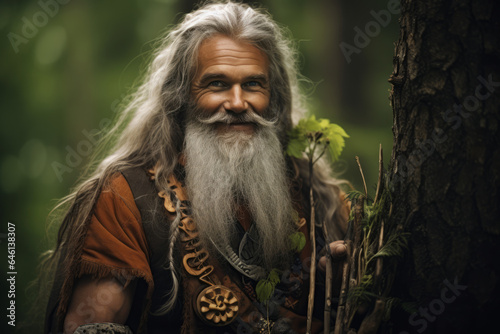 Man druid healer portrait in forest next to a tree