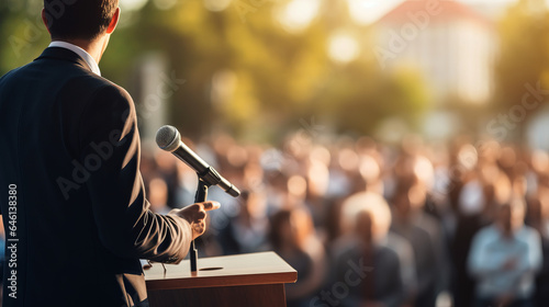 Man politician doing a speech outdoor in front of a crowd of members of a political party