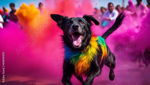 Portrait of a black dog running on the ground in paint at a holi festival against a background of celebrating people