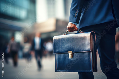 business person with briefcase walking in street with blurry background