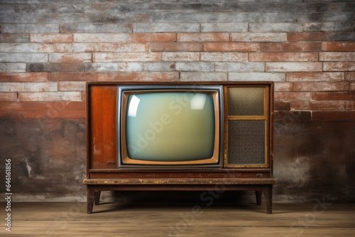 A vintage television in front of a wall.
