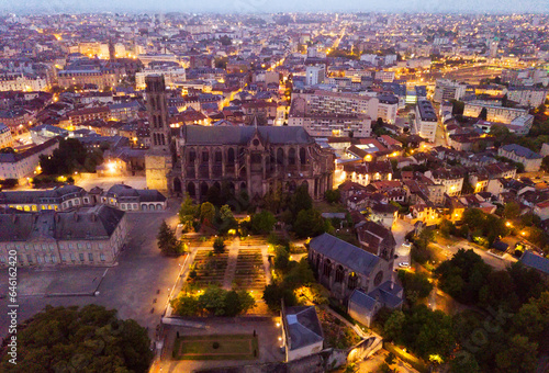 Image of historical aerial view of Limoges Cathedral illuminated at dusk, France