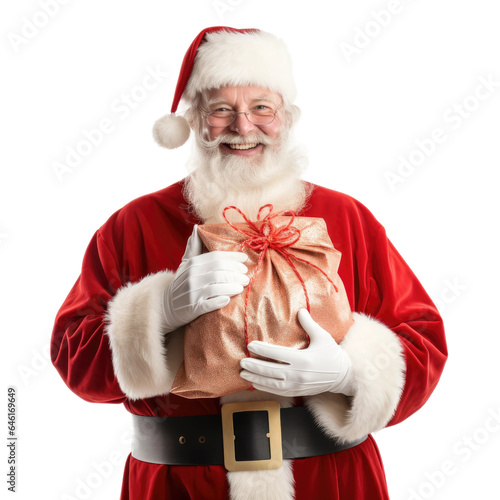 a jolly santa claus holding a sack of gifts isolated on a transparent background, generative ai