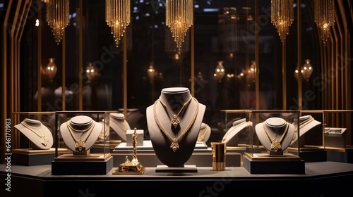 Jewelry diamond rings and necklaces show in luxury retail store window display showcase : Generative AI