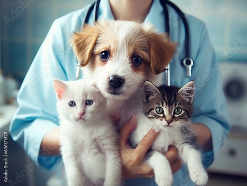 Vet examining dog and cat. Puppy and kitten at veterinarian doctor. Animal clinic. Pet check up and vaccination. Health care. : Generative AI