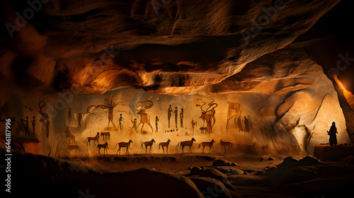 A primitive man stands at the cave opening, gazing at intricate ancient cave paintings inside a large cavern