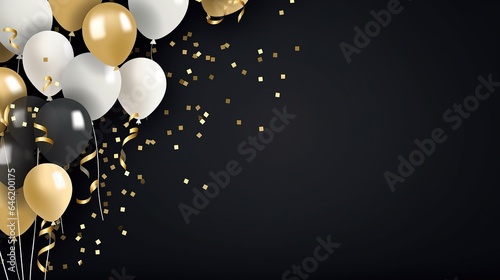 Gold,white, balloons and falling foil confetti on black background for writing space.Generative AI