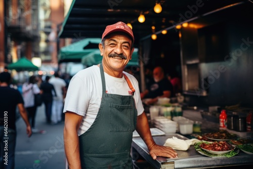 Smiling portrait of a middle aged mexican food truck owner working in his food truck in the city