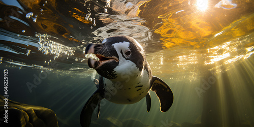 Penguin swimming in water with bubbles. Cape penguin or South African penguin. stock photo 