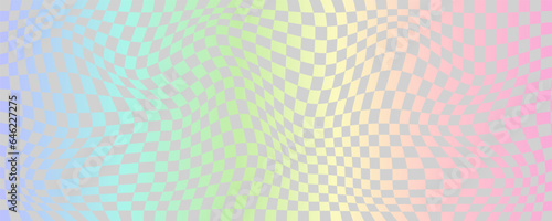 Checkerboard wavy pattern. Abstract holographic chessboard vector print. Y2k psychedelic optical foil grid. Swirl rainbow geometric retro design
