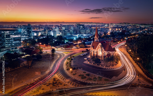 Aerial view of Windhoek, Namibia, featuring the its best-recognized landmark, the Christ Church (Christuskirche), a German Lutheran church combining Neo-Gothic and Art Nouveau styles, built in 1907.