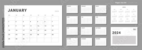 Set of Monthly pages Calendar Planner Templates 2024-2025 for wall or desk with Cover and place for Photo, Logo. Vector layout of simple calendar with week start Monday for print. Pages for size A4