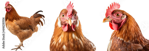 Brown chicken collection (profile, portrait, standing), animal bundle isolated on a white background as transparent PNG