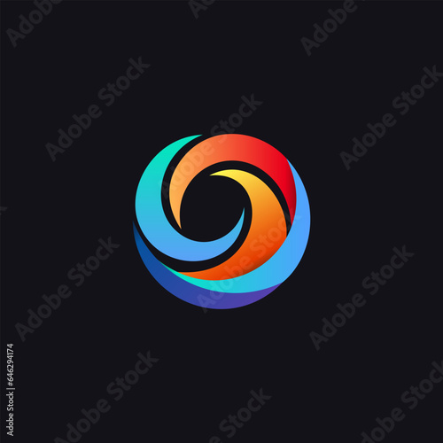 Vivid rainbow swirl logo with abstract lens concept. Elegant hurricane emblem with colorful tornado swirl. Modern, creative design for tech company identity. Vector logo