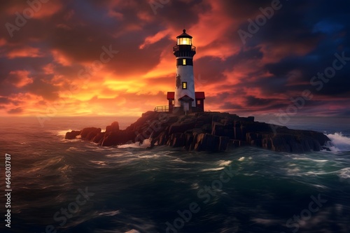 Lighthouse in the sea at sunset