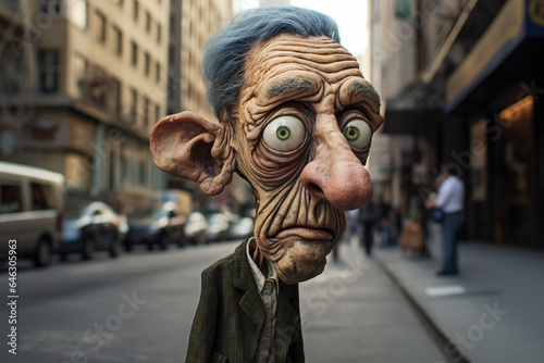 Vieil homme ridé se promenant dans une rue style cartoon caricature » IA générative