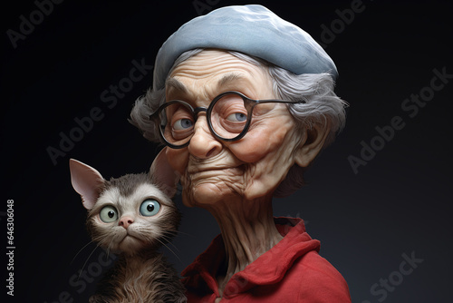 Portrait d'une vieille grand-mère ridée avec son chat style cartoon caricature » IA générative