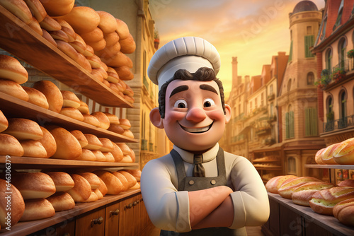 Portrait d'un boulanger dans sa boulangerie style cartoon caricature » IA générative