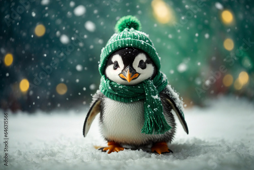 Baby penguin wearing a bobble hat and scarf in the snow