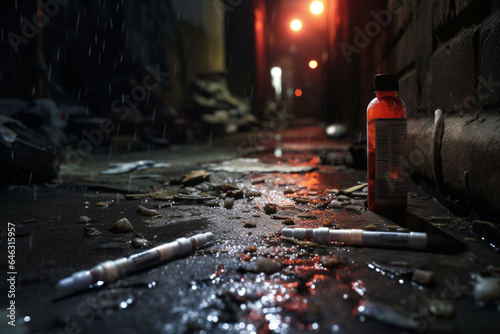 A lone syringe discarded on the ground of a dimly lit alleyway, painting a haunting picture of the relentless grip of drug addiction