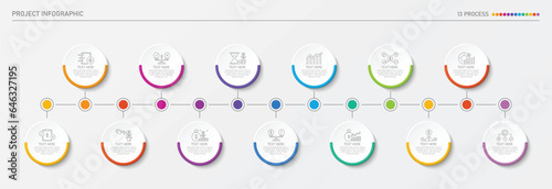 Infographic process design with icons and 13 options or steps.