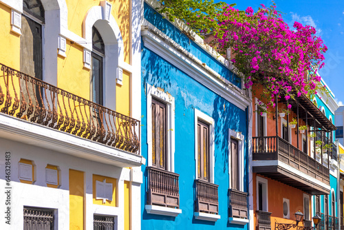 Puerto Rico colorful colonial architecture in historic city center.