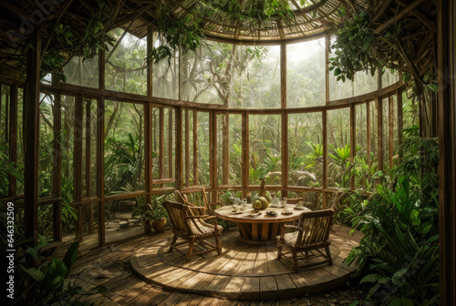 Salon de thé avec des chaises et une table dans une serre entourée par la jungle