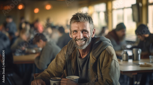Happy homeless age of 40 sits at a table in a social centre with meal