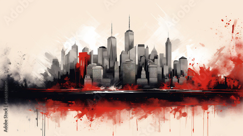 Ciudad de Nueva York, dibujada en tinta, duotono, blanco y rojo.