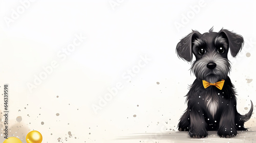 Cute black miniature schnauzer in yellow bow tie on white background. Christmas and new year concept. Digital cartoon illustration of a dog.