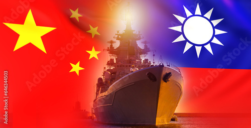 China vs Taiwan. Military ship. PRC and Taiwan flags. Naval navy. Blockade of island of Taiwan. Chinese naval forces. Ship is sailing in ocean. Military ship from China. People republic of China