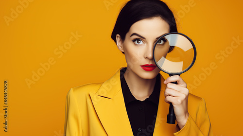 woman with magnifying glass isolated on yellow background 