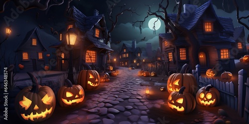 In a whimsical city, glowing pumpkins line the roads, casting a magical, eerie light. Buildings tower in the backdrop. The enchanting spirit of Halloween. 