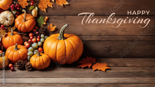 Festive Autumn Pumpkin Leaf and Fruit Border of happy thanksgiving day text