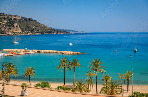 Scenic view onto the marina and the Mediterranean Sea bay by the old town of Menton, French Riviera, South of France