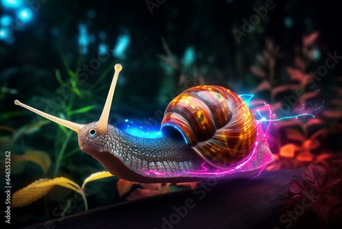 Vibrant snail zooming with luminous streaks. Generative AI