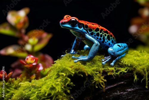 Macro of azureus dart frog on moss. Generative AI