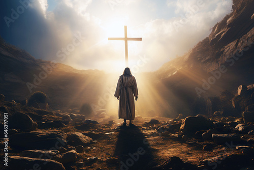 Jesus Christ standing at the entrance to the tomb. AI generative.