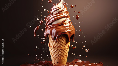 Enjoy the ultimate delight, A solitary light brown, chocolate soft-serve ice cream in a crispy waffle cone, velvety chocolate splash