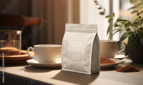white coffee foil bag packaging design photoshop mockup in a coffee house or coffee shop with a coffee cup on the table