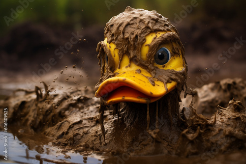photo of a toy duck in the mud