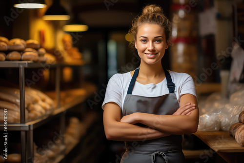 Attractive bakery employee, happy woman on the background of bakery shop with fresh bread on shelves. 