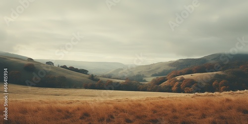 Generative AI, Autumn aesthetic landscape panorama, muted neutral colors. 