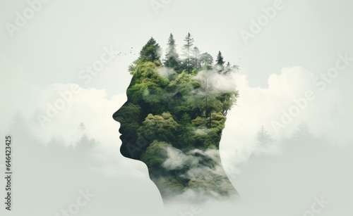 Illustration of a human profile filled with a lush forest, emphasizing the deep connection between man and nature and the importance of environmental preservation