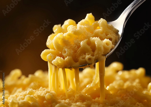 Spoon with creamy mac and cheese pasta.Macro.AI Generative
