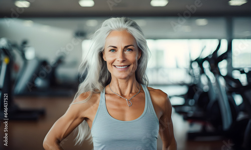 femme de 50 ans ou 60 ans, plutôt musclée, souriante, dans une salle de sport