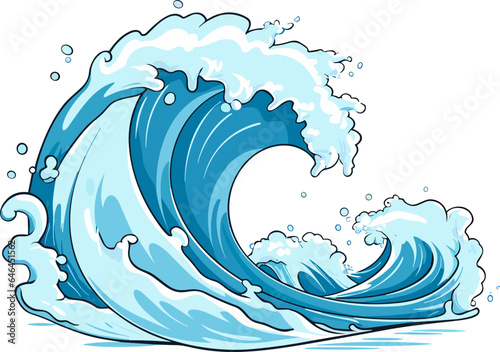 Sea wave. Vector Illustration of blue ocean wave with white foam. Isolated cartoon splash