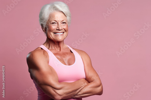 Portrait of elderly smiling woman with a highly muscular physique, old woman bodybuilder isolated on flat color background with copy space. 