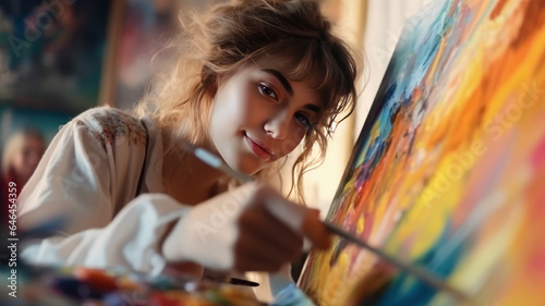 Creative pensive painter paints a colorful picture recruitment, artificial intelligence, coworker, diversity, humor, colleague, intelligence, assistant, cooperation, robot, solution, innovation, teamw
